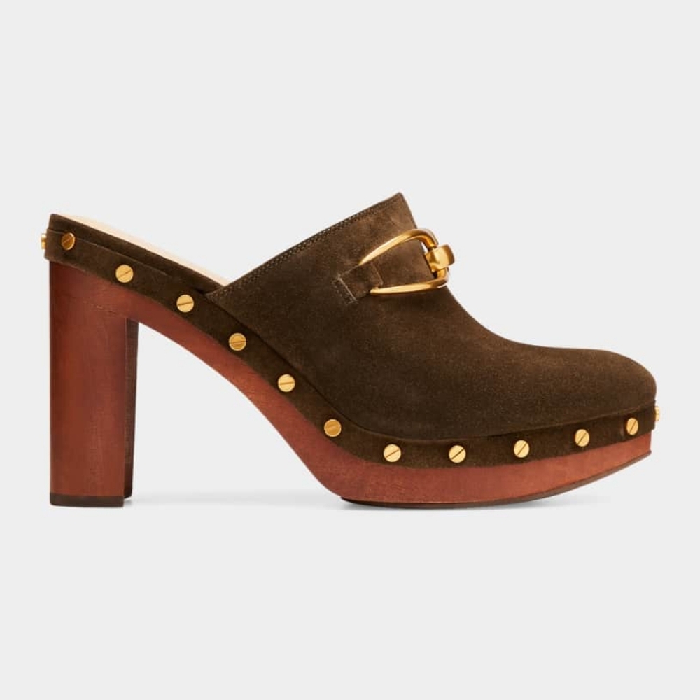 Veronica Beard Brown Suede Mules with Gold Accents